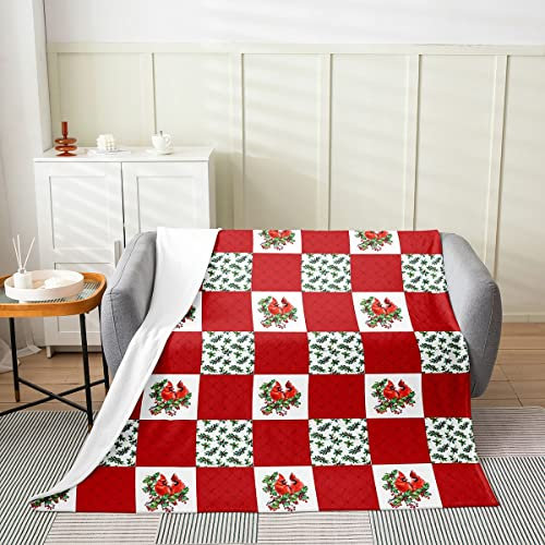 Weihnachts Fuzzy Decke 130x150 für Kinder Jugend Jungen Mädchen Rote Kardinalvögel Fleece Decke Botanisches Beerenmuster Bett Decke Rot Weiß Büffelkaro Patchwork Plüsch Decke Weihnachts Heimdekor