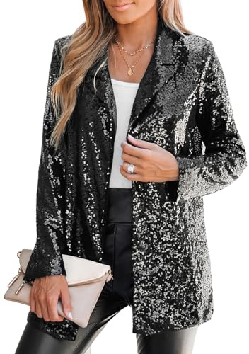CUPSHE - Cappotto da donna con paillettes, a maniche lunghe, stile blazer, con apertura sul davanti, casual, per feste, cardigan, Nero , XL