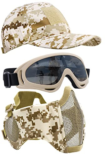 Airsoft Half Face Mask with Goggles Hat Set Tactical Masks Full Face Paintball Mask Ear Protective Baseball Cap for CS Halloween and Cosplay Game (3)