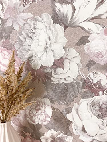 Newroom Vliestapete Rosé Blumentapete Floral Landhaus Wohnzimmer | Pfingstrosen Rosen Tulpen Optik, Glanzeffekt feine Liniengravur, genarbter Fond, Mustertapete Shabby Chic, Flur