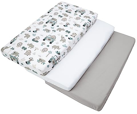 Medi Partners Sabana Bajera Cuna 60x120 Set de 3-100% Algodon Sabanas de Algodón Bebe Ropa de Cama para Bebés Dormir Cuna Fitted Bed Sheet Protector (Menta Zoo-Blanco-Gris)
