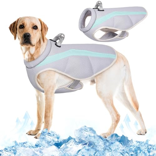 Kuoser Kühlweste für Hunde, Kühlweste Hund für Sommer, Grau & Blau L | Hunde Kühlweste für heiße Sommertage, Atmungsaktive & Reflektierende Hundekühlwesten, Kühljacke Hund für Aktivitäten Draußen