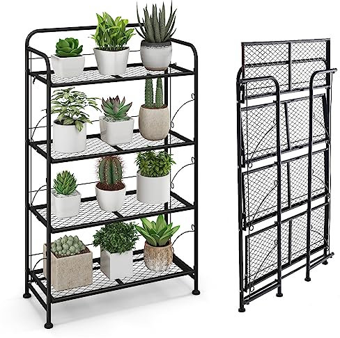 Goplus Soporte para plantas de metal, estantería para plantas de 4 niveles con estante plegable y patas ajustables, estantería para flores, escaleras para balcón, terraza, color negro