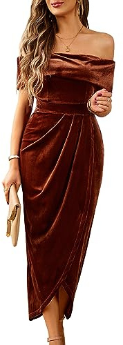 Wellwits Women's Foldover Off Shoulder Velvet Long Formal Pencil Dress Brown M
