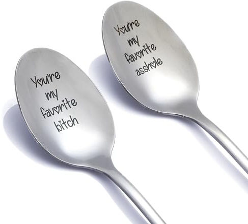 Kinsynko Ice Cream Coffee Spoon Engraved Funny You Are My Favorite Asshole and Bitch Stainless Steel Couple Spoon Set for Valentines Day Gifts, Gift Boxed