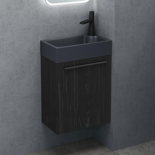 doporro Petit Meuble de Salle de Bain Suspendu 46cm Ensemble de 2 Pièces | Gris Noir Mat, avec Lavabo en Solid Surface, Design Pisa
