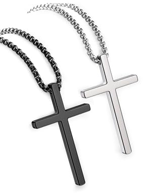 ipsana 2 PCS Cross Necklace for Men,Silver Black Cross Chain Stainless Steel Pendant Jewelry Gifts Box Crucifix Necklace 16-30 inches