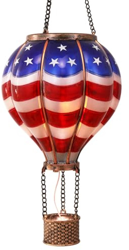 TERESA'S COLLECTIONS Hot Air Balloon Solar Lantern for Patriotic Garden Decor, 4th of July Hanging Flickering Flame Outdoor Lights for Trees, Blue&Red Memorial Day Decorations for Party Gift for Mom