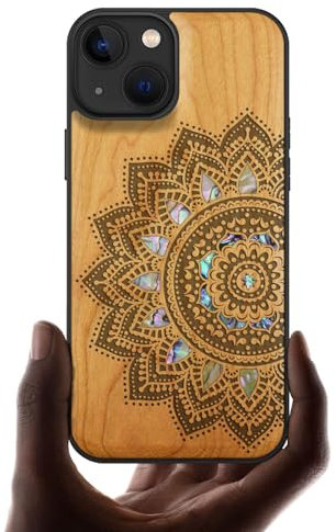 Carveit Bois Etui pour iPhone 13 Magnétique Coque, Coquille de Téléphone Antichoc Compatible avec Apple 13 Étui Magsafe (Cerise-Art Mandala)