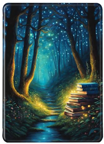 Hülle für Kindle 2022 11. Generation Hülle Flip Leder Silikon Weich Schutzhülle Auto Aufwachen oder Schlafen Magnetisch TPU Dünn Case Wald Glühwürmchen Sonnenblume Mädchen Buchhaus Muster Hülle (7)