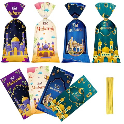 Ourdort 100 Stück Eid Mubarak Geschenktüten, Ramadan Party Favor Taschen, Eid Mubarak Partytüten, Ramadan Tüten, DIY Papiertüte