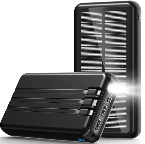 48000mAh Power Bank Solare, Portatile Solare 15W PD 3A USB C Batteria Esterna con 3 Cavi, Spie luminose a LED, Torcia, Caricatore Portatile con Smartphones