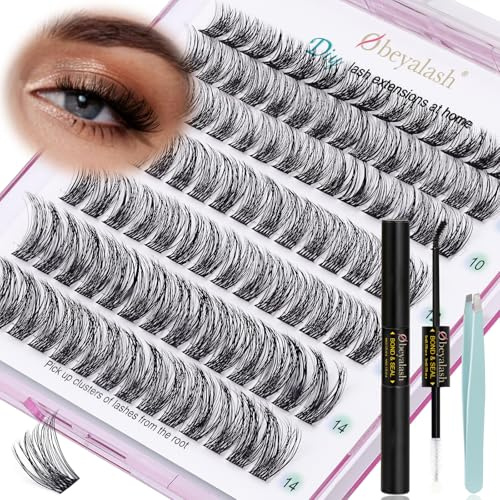 Obeyalash Individuelle Wimpern Extensions Set mit Lash Bond und Seal - Lash Tweezers DIY Cluster D Curl Verlängerung - Volume Büschel zu Hause (8-12mm MIX, SNR013)