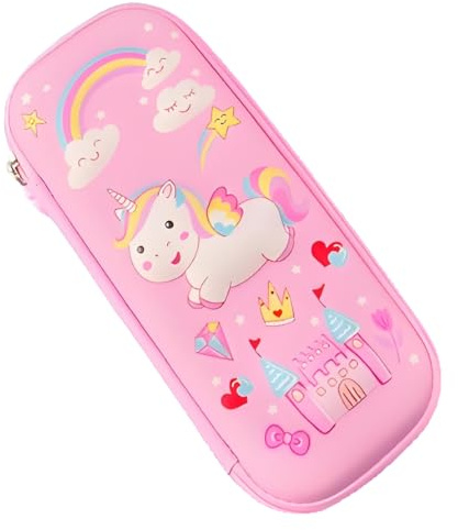 Fuwraixis 3D Einhorn Federtasche,Kinder Cartoon Eva Bleistiftetui,Niedliches Schloss-Pony wasserdichte Schreibwarenbox,Kinderschulbedarf