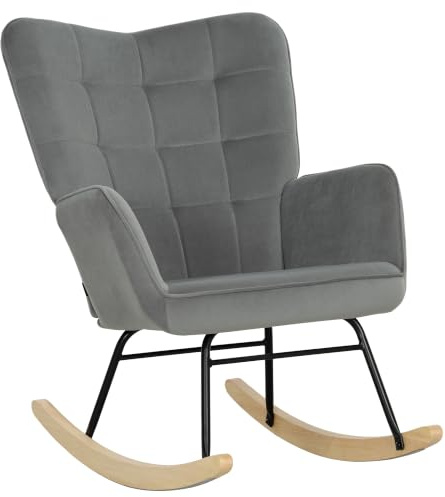 HOMCOM Schaukelstuhl mit Samtimitat Armlehne bis 120kg Dunkelgrau | Schaukelsessel, Gepolsterter Sessel mit Hoher Rückenlehne, Holzkufen, Moderner Relaxsessel, Wohnzimmer, Schlafzimmer