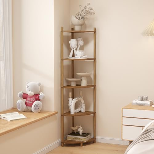 Eckbuchregal Stehend, 5-stöckiges Eckschrank Retro Schmal Stil Eck Regal Bücherregal für Flur Wohnzimmer Kleine Räume - Rustikal Braun