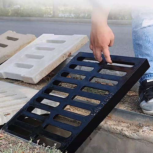 Trough Type Drainage Ditch,Trough Guttering，Sewer Covers for Outside Inside, Cast Iron Channel Drainage Grates Drain Strainers, 2 3 4 5 Cm Raise Rectangle Well Cover Grid, Easy to Install (S