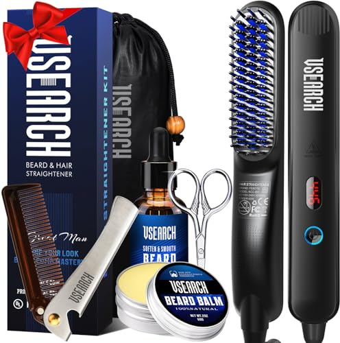 VSEARCH Heated Beard Straightener for Men, 5 Temperature Settings 30s Fast Heat, Anti-Scald Safety, Grooming Kit for Coarse Thick Curly Beards, Perfect for Father's Day Anniversary Birthday