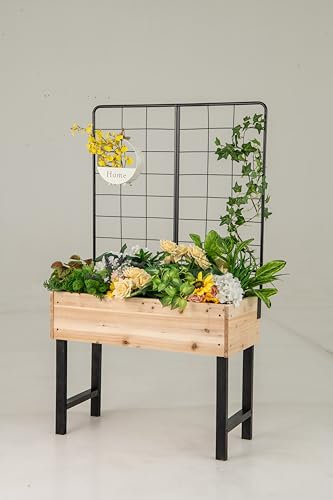 GOPLUS Cama Elevada de Jardín con Enrejado, Jardinera Exterior para Plantas Trepadoras con Estante para Herramientas, Huerto para Flores de Madera de Abeto para Terraza, Patio y Balcón, Natural