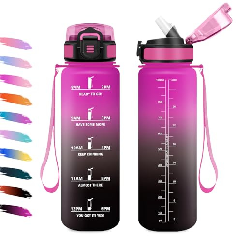 Gourde Sport 1L, Gourde avec Paille, Bouteille d'eau Marqueur de Temps, Facile à Nettoyer, Étanche et Réutilisable, Gourde Motivation pour Bureau, Randonnée, Cyclisme, Fitness, Extérieur, Yoga