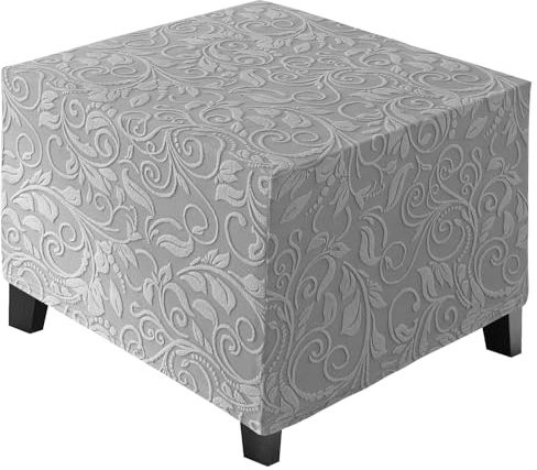 ele ELEOPTION Stretch-Sitzbezüge, quadratischer Fußhocker-Bezug, Samt-Jacquard, abnehmbar, waschbar, Stretch-Pouffe-Bezug, rutschfest, staubdicht, Ottomanen-Schonbezug, Größe L (43–56 cm), Hellgrau