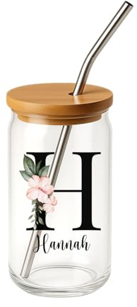 LIEBTASTISCH Personalisiertes Glas mit Deckel und Strohhalm - Wunschnamen + 500 ml - mit Bambusdeckel - mit Reinigungsbürste - Trinkglas mit Halm für Heiß - und Kaltgetränke - Geschenkidee (500 ML)