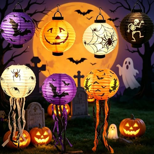 Herbst 7 farolillos de Halloween, diámetro de 20 cm, redondos, murciélagos, arañas, esqueleto, bruja, calabaza, farolillo de papel, plegable, decoración de Halloween, farolillo de papel con borlas