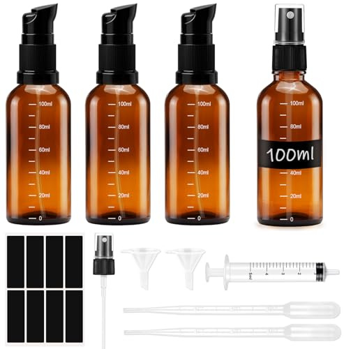 Hengxinchen 4 Stück 100 ml Leer Glasflaschen Braun mit Skala | Bernsteinfarbene Glas-Lotion-Flaschen, Nachfüllbar Braunglas Sprühflasche, mit Trichter, Spritze für ätherische Öle, Kosmetik
