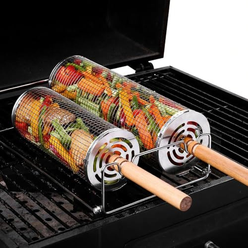 360° Rotating Grill Basket BBQ Roller – Stainless Steel Rolling Grill Cage with Long Wooden Handle – Even Cooking for Meat & Veggies – Rustproof & Easy to Clean Barbecue Grill Tool