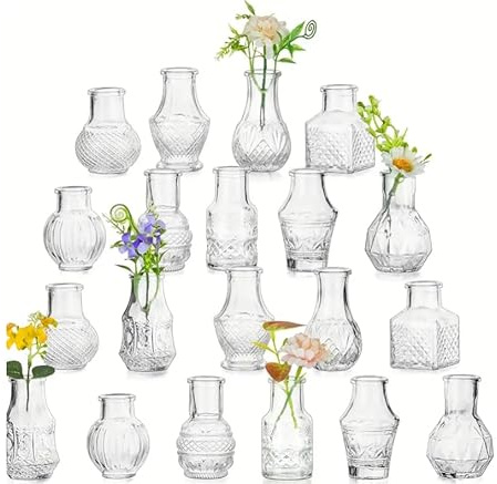 20er Set Glasvasen Klein – Vintage Blumenvasen für Tischdeko, Hochzeitsdeko & Home Decor (13cm Hoch, Diamantmuster), Mini Vasen als Teelichthalter oder Deko-Glas (Transparent)