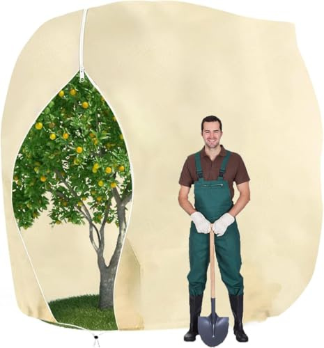 MYOWELL Winterschutz für Pflanzen - 250x360cm Frostschutz Kübelpflanzensack, Lichtdurchlässig und Atmungsaktiv für Palmen, Olivenbaum, Obstbäume (Beige, mit Reißverschluss und Zugband