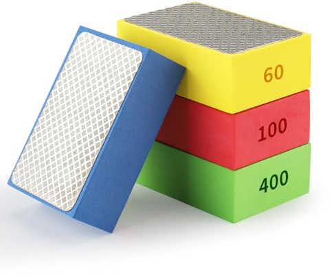 Wozzies 4 Piezas Bloques de Lijado con Almohadillas de Pulido, Tacos de Lija de Diamante, Lijado de Azulejos, Lijadora Manual para Cerámica, Vidrio, Corte de Vidrio, 60#, 100#, 200#, 400#