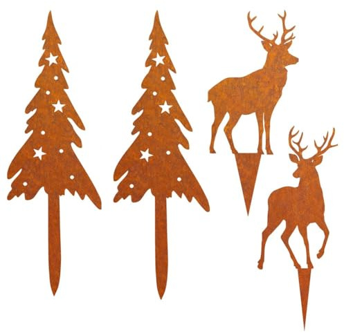 Voarge 4 Stück Roststecker Tannenbaum und Hirsch Weihnachtsdeko, Rost Gartenstecker Weihnachtsbäume Rentier Weihnachten Deko Draußen Herbstdeko Outdoor
