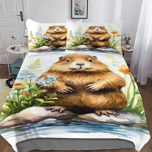 AASWDDS Beaver Bedding Duvet Cover 2 PCs Set for Kids Boys Bedroom Quilt Cover Soft Microfiber Comforter Cover with Pillowcase Single(135x200cm)