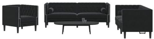 CKioict 3-TLG. Chesterfield-Sofa-Set mit Nackenrollen in Schwarz Samt, Polstergarnitur für Wohnzimmer, bequemes Sitzmöbel mit Tufting-Details und stabilen Stützbeinen, samtweiche
