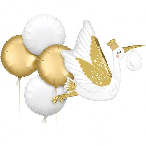 XXL Folienballon Storch Geburt Set, 5 Stück Babyparty Deko Luftballon, Helium Ballon Baby Shower Deko, Storch Folienballon für Gender Reveal Party, Baby Party Dekoration