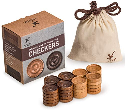 Husaria Hölzerne Damesteine im Italienischen Stil mit Stapelbaren Rippensteinen und Kordelzugbeutel, 40 Stück