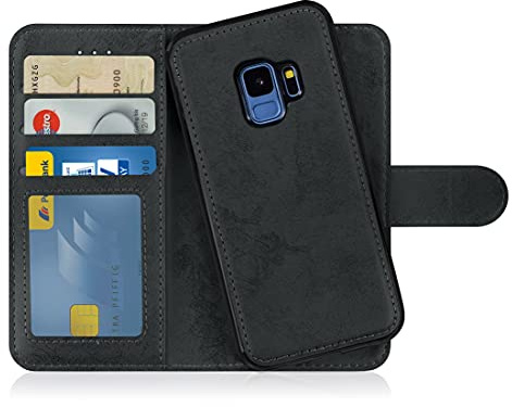 MyGadget Flip-fodral till Samsung Galaxy S9 - [avtagbart magnetfodral] - mobilfodral av konstläder - [flipfodral med kortplats] skyddsfodral i grått svart