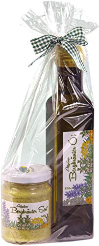 Geschenkset aus dem Allgäu | 150ml Bergkräutersenf und 250ml Bergkräuteröl Rapsöl | Feinste Bergkräuter aus Höhenlagen | Handgemacht und liebevoll verpackt mit Klarsichtfolie und Geschenkband