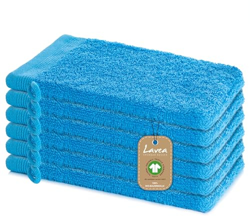 Lavea® 6er Set Waschhandschuh 16x22 cm – Himmelblau | 100% Baumwolle, weicher Frottee Waschlappen, saugstark, hautfreundlich, waschbar und strapazierfähig – Frottierserie Bali