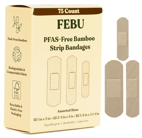 FEBU Eco-Friendly Bamboo Fabric Bandages | PFAS Free Flexible Fabric Bandages | Natural Hypoallergenic Bandage for Scrapes, Cuts & First Aid | Fully Compostable, Latex Free Bandage | 75 Count Strip