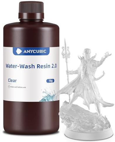 ANYCUBIC Wasser Abwaschbar Resin 2.0, Transparent 1000g | 3D Drucker Resin Water Washable, Anti-Vergilbung, UV Resin 405nm Standard Photopolymer Harz Geringer Geruch