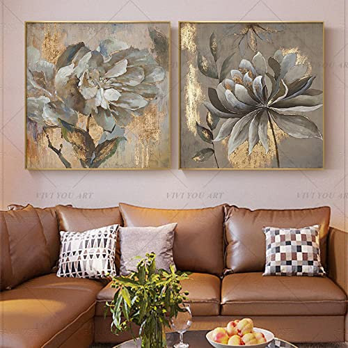 Pinturas de pared de flores de plata dorada Arte de pared moderno Pintura al óleo abstracta sobre lienzo Cuadros para sala de estar Decoración para el hogar 60x60cm (24x24in) x2 Sin marco
