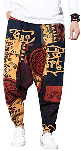 Pejihota Herren Loose Hip-Hop Harem Pants Cotton And Linen Bohemian Casual Aladdin Yoga Harem Pants Bloomers Drop Crotch Pants Retro Print mit Pockets, rot, XL