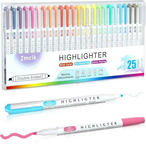 Zmcik Double Ended Highlighters with Soft Chisel Tip, 25-Pack Quick Dry Assorted Colors, Pastel Highlighters Set for School/Office Journaling, Bible Assorted Colors