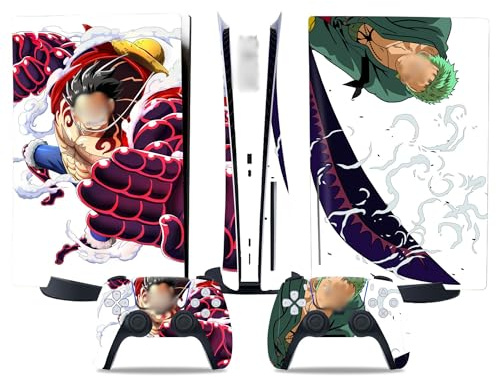 MaD Vision Skin Kit pour PS5 Version Standard/Disque Mod. One Piece, Film adhésif HD de qualité 100% Vinyle résistant aux Rayures + Lot de 4 Paires de Patins en Caoutchouc pour Manette Playstation 5