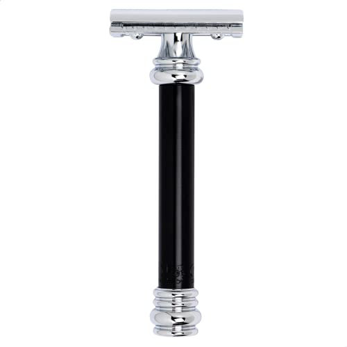 MERKUR Rasierhobel 38B | Barber Pole Glanzchrom/Schwarz | Zweiteiliger Rasierer mit geradem Schnitt | Ideal für Nassrasur | Zinkdruckguss | Messing Griffstück | Made in Germany