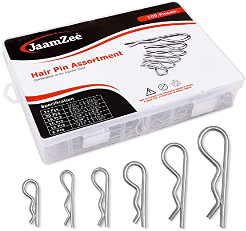 JaamZee Cotter Pins 100 Pcs r pins - Sturdy & Durable Alloy Steel - R- Shaped Heavy Duty Cotter Pin Assortment Kit in 6 Different Sizes - Perfect for Mechanics, Lawn Mowers, & RV Owners