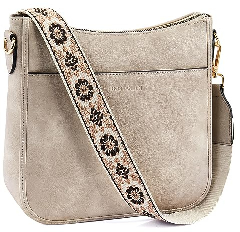 BOSTANTEN Crossbody Bags for Women Trendy Vegan Leather Hobo Purses Shoulder Handbags With Wide Shoulder Strap Light Grey