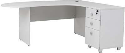 furni24 Schreibtisch Chefschreibtisch Winkeltisch PC Tisch Moderner Bürotisch Computertisch mit großer, Holzbeinen, Arbeitsfläche Gela Grau Dekor rechts gewinkelt Ink.Beistellcontainer mit Schubladen
